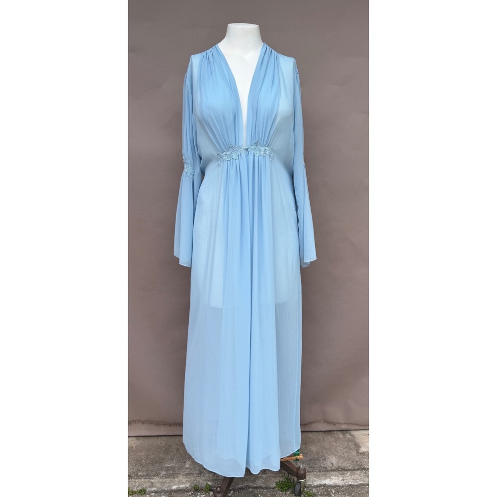 Vintage Blue Sheer Chiffon Maxi Robe Lace Bell Sleeve Button Hollywood Large